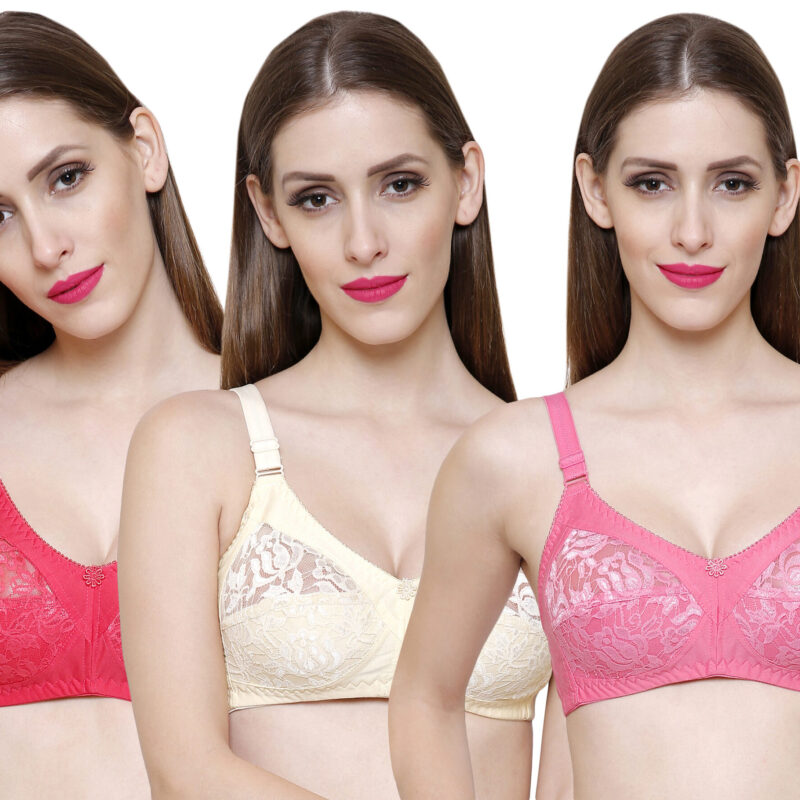 Rose Cream Red Net Bra Value Pack of 3