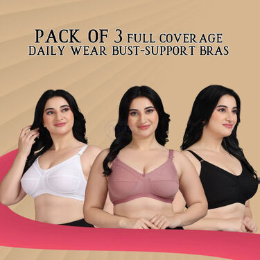 Pack Of 3 Full Coverage Daily Wear Bust Support Bra - Plus Size Only